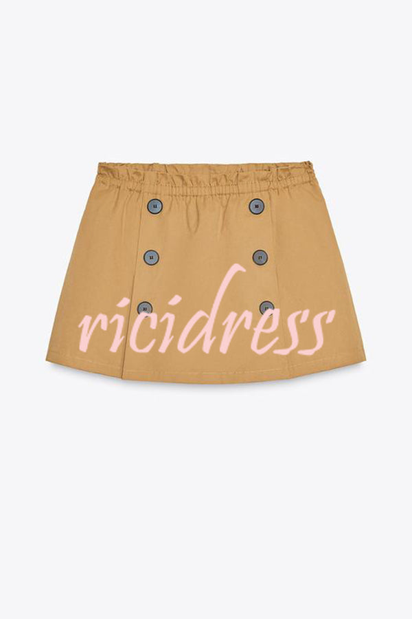 Chic Comfort Mid Rise Elastic Waist Contrast Buttons Pocket Mini Skort