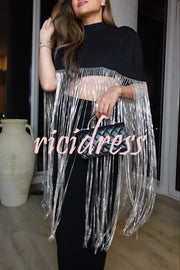 New Level Shiny Tassel Stand Neck Crop Cape Blouse