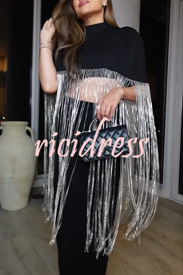 New Level Shiny Tassel Stand Neck Crop Cape Blouse
