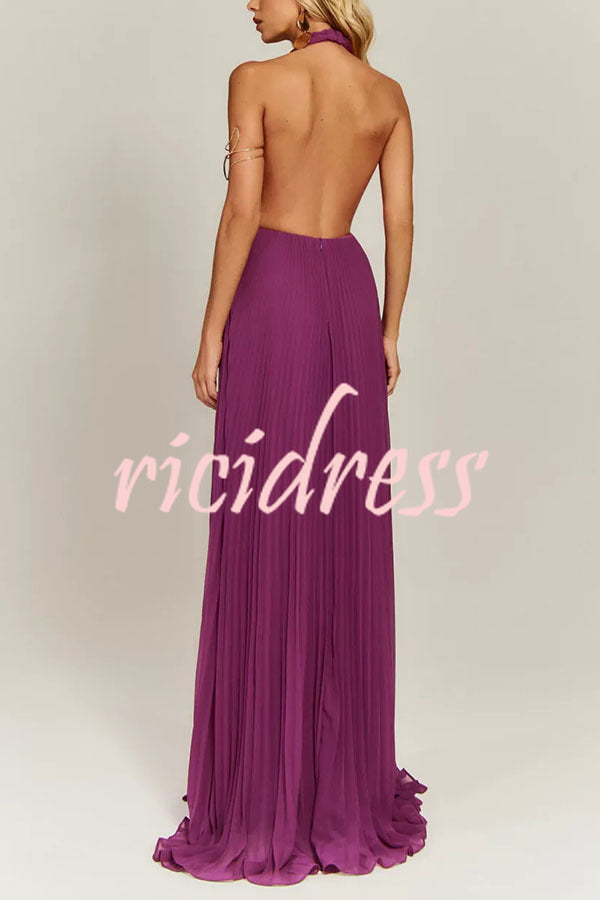 Gabie Chiffon Pleated Braided Halter Neck Backless A-line Maxi Dress