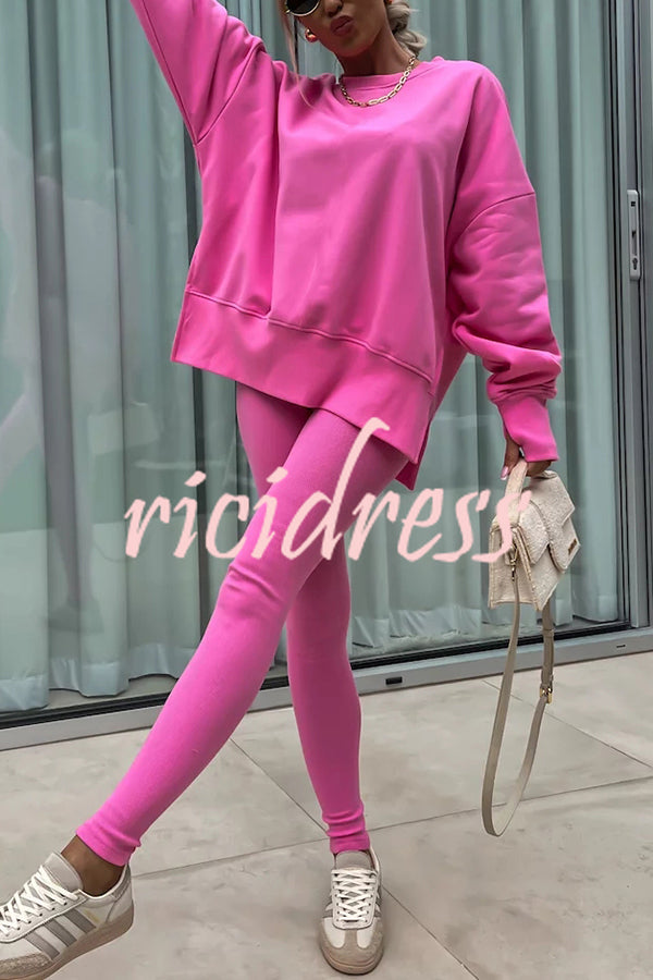 Solid Color Loose Long Sleeve SlitSweatshirt and Elastic Waist Tight Pants Set