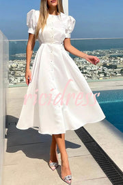 Chic and Classy Vibe Puff Sleeve Pearl Button Slit Midi Dress