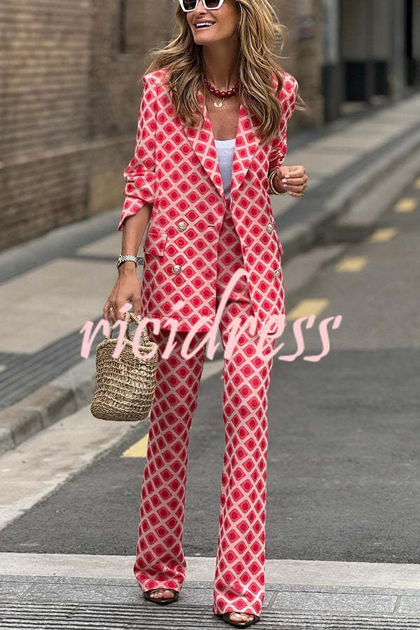 Chic Lady Unique Print Metal Button Pocketed Lapel Blazer and Elastic Waist Flare Pants Set