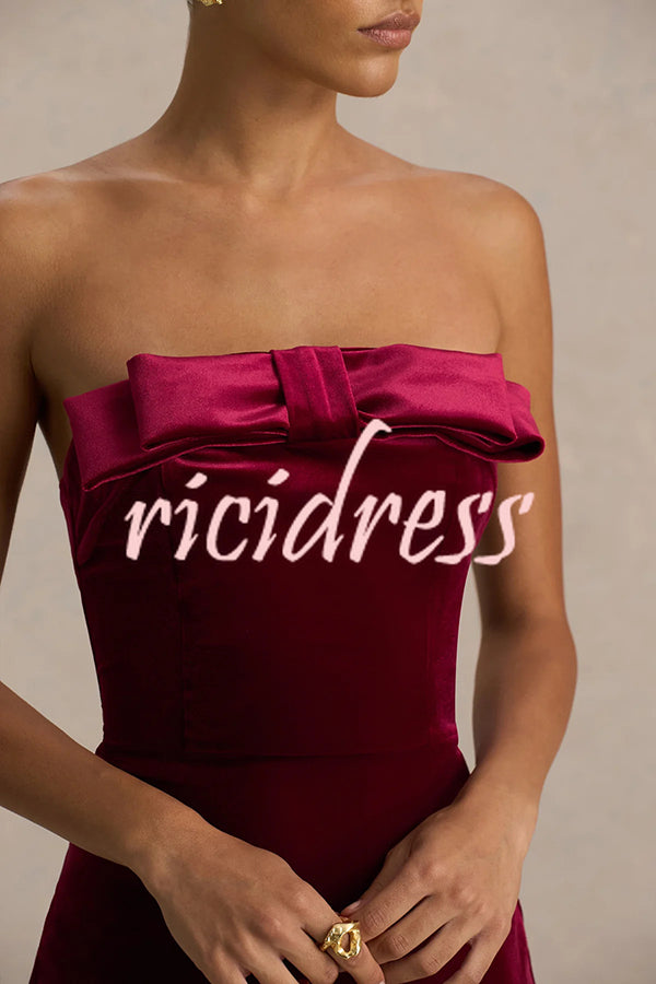 Illusion Velvet Bandeau neck Bow detail Stretch Maxi Dress