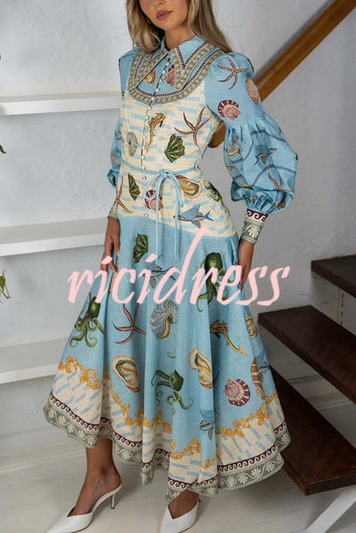 Ocean Print Lapel Button Waist Tie Resort Maxi Dress