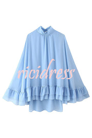 Solid Color Chiffon Trumpet Sleeve Loose Mini Dress