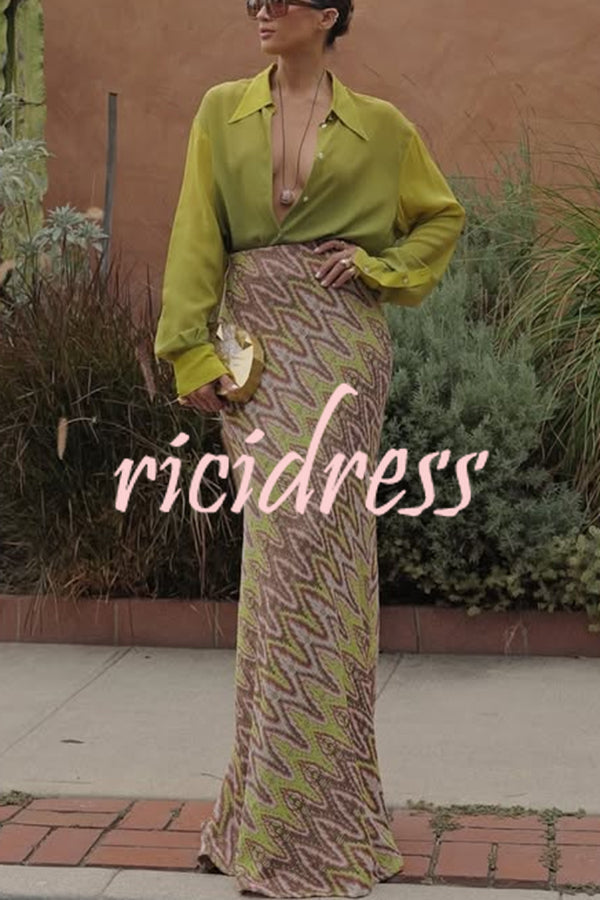Moonlit Waltz Gradient Print Button Up Long Sleeve Loose Blouse