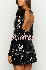 Bring The Disco Large Sequins Square Neck Long Bell Sleeve Backless Slit Mini Dress