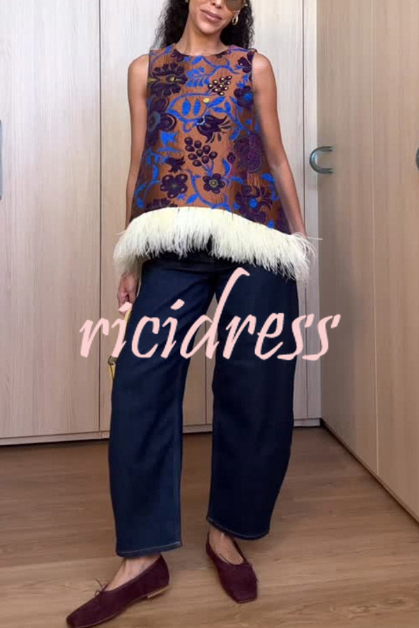 Emina Floral Feather Trim Trapezoidal Silhouette Asymmetrical Hem Top