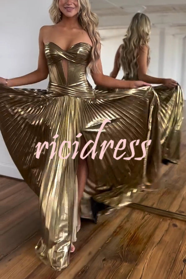 Dazzling Metallic Fabric Cross Strapless Cutout Slit Pleated Maxi Dress