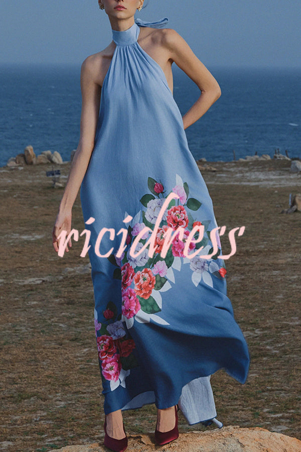 Blooming Flowers Satin Printed A-line Halter Tie-up Maxi Dress