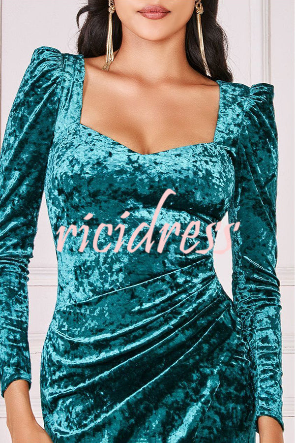 Solid Color Velvet Long-sleeved Slim-fit Slit Midi Dress