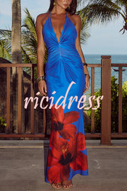 Floral Print Sexy Halterneck Open Back Pleated Slim Maxi Dress