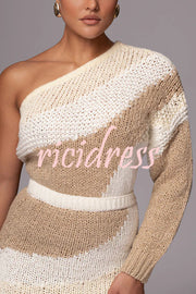 Soft Autumn Knit Colorblock One Shoulder Sleeve Ribbed Trim Loose Sweater