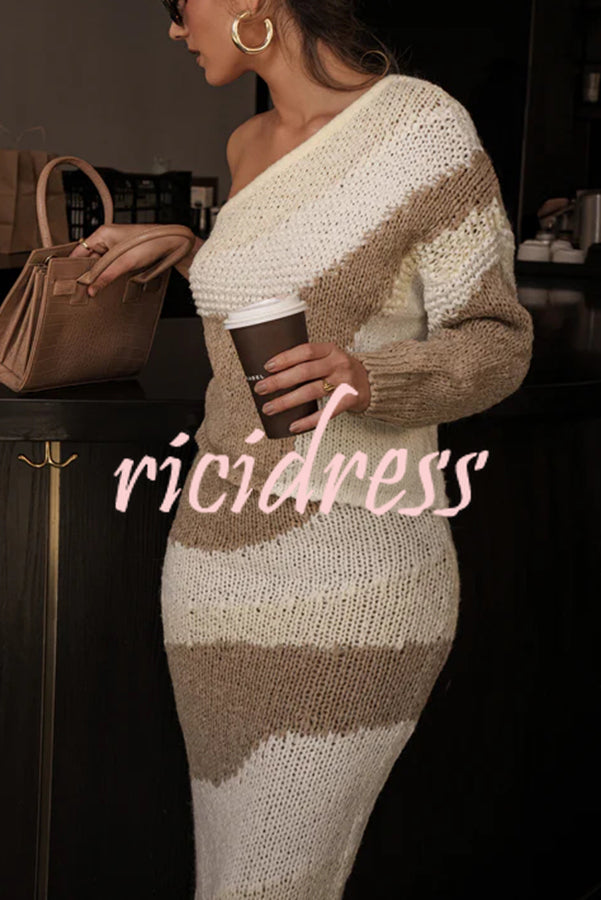 Soft Autumn Knit Colorblock One Shoulder Sleeve Ribbed Trim Loose Sweater