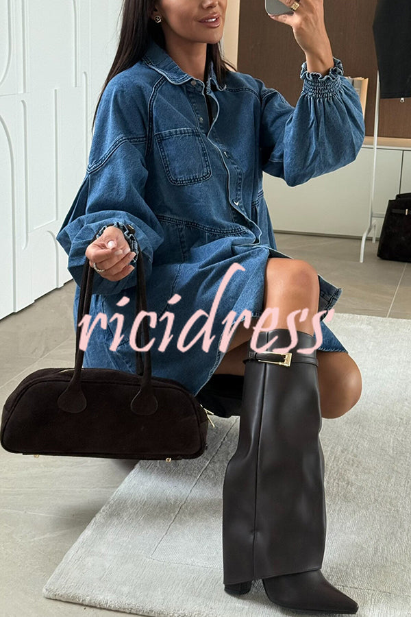 Fashion Heart Button Long Sleeve Casual Pocket Denim Mini Dress