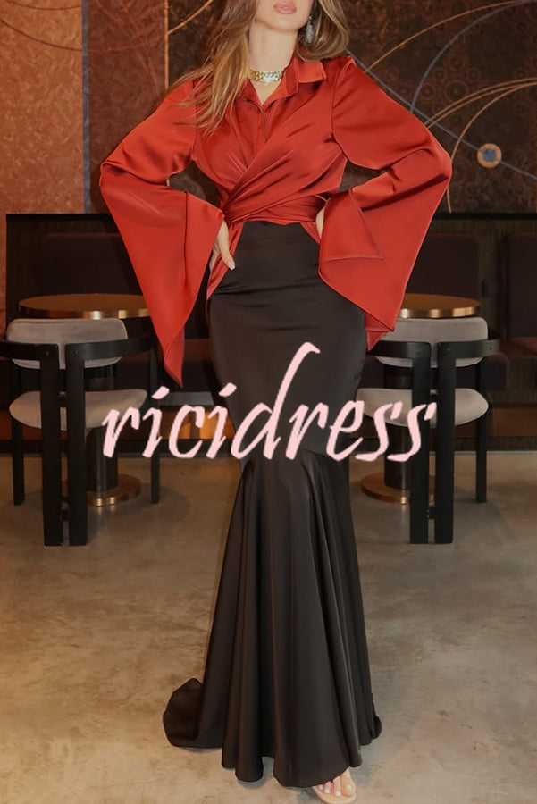 Jenny Satin High Rise Elastic Waist Flare Maxi Skirt