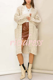 Jamila Knit Cable Cotout Long Sleeve Pocket Oversized Midi Cardigan