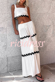 Napa Ric Rac Trims Sleeveless Crop Tank and Drawstring Elastic Waist Pocket Maxi Skirt