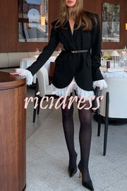 Cue The Chic Lace Trim Button Long Sleeve Lapel Blazer Mini Dress