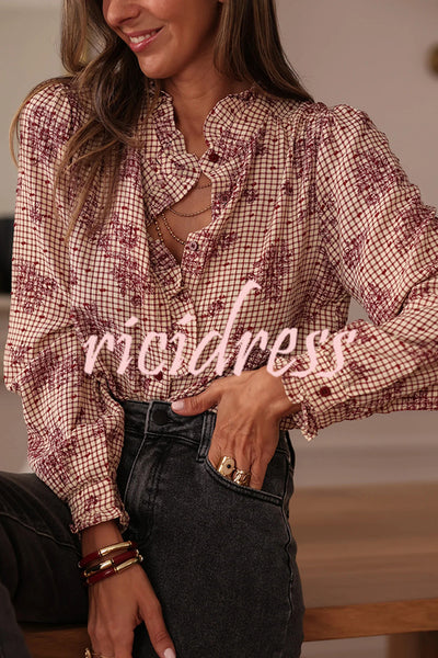 Plant Plaid Printed Long-sleeved Ruffles Casual Shirt