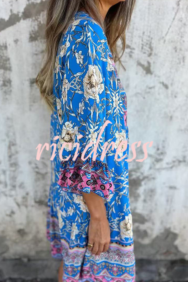 Ethnic Floral Print V-neck Loose Pocket Mini Dress