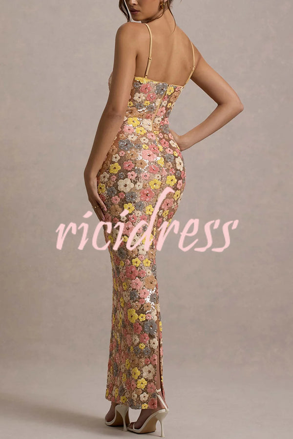 80's Inspired Floral Print Sequin Square Neck Slip Stretch Maxi Dress