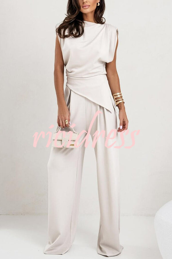 Jordy Ruched Shoulder Slit Top and Elastic Waist Pocketed Wide Leg Pants Set