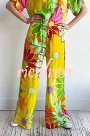Trayce Colorful Floral Print Elastic Waist Pocketed Wide Leg Pants