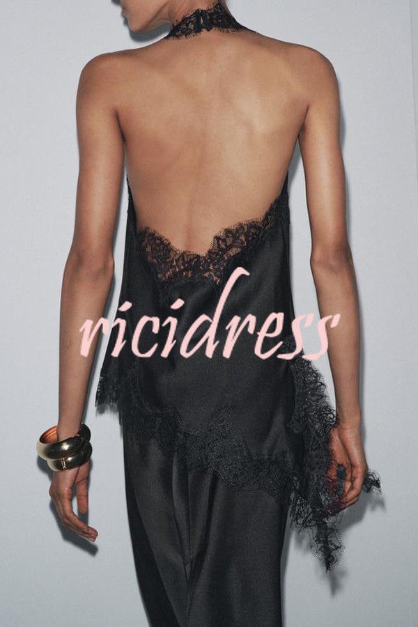 Dolly Satin Lace Trim Halter Cowl Neck Asymmetric Hem Tank