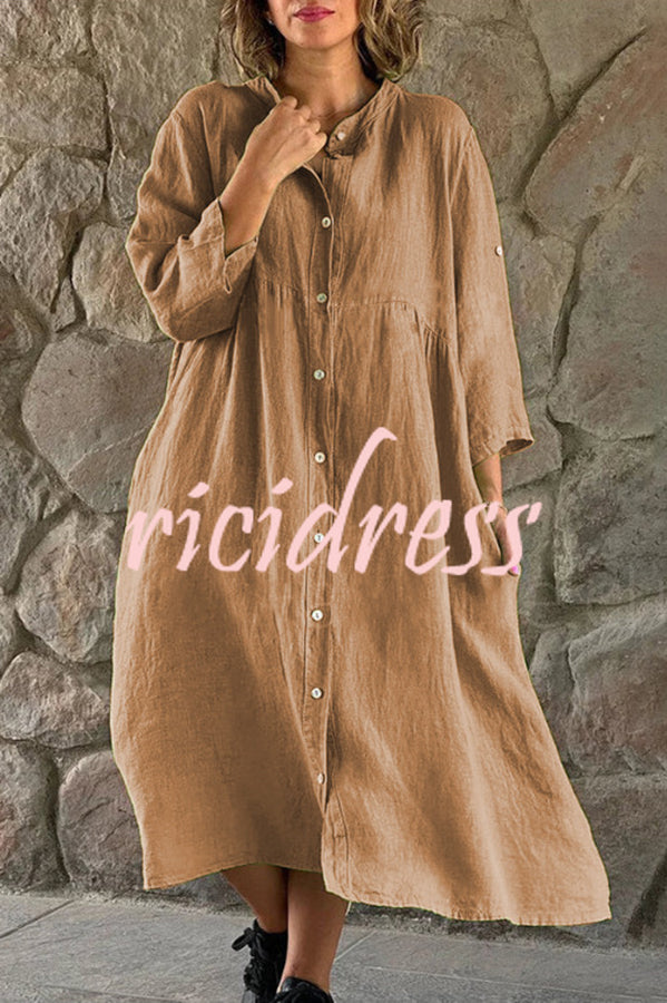 Mindful Cotton Blend Solid Color Button Casual Midi Dress