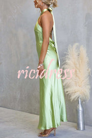 Satin Fashion Halter Backless Slim Elegant Maxi Dress