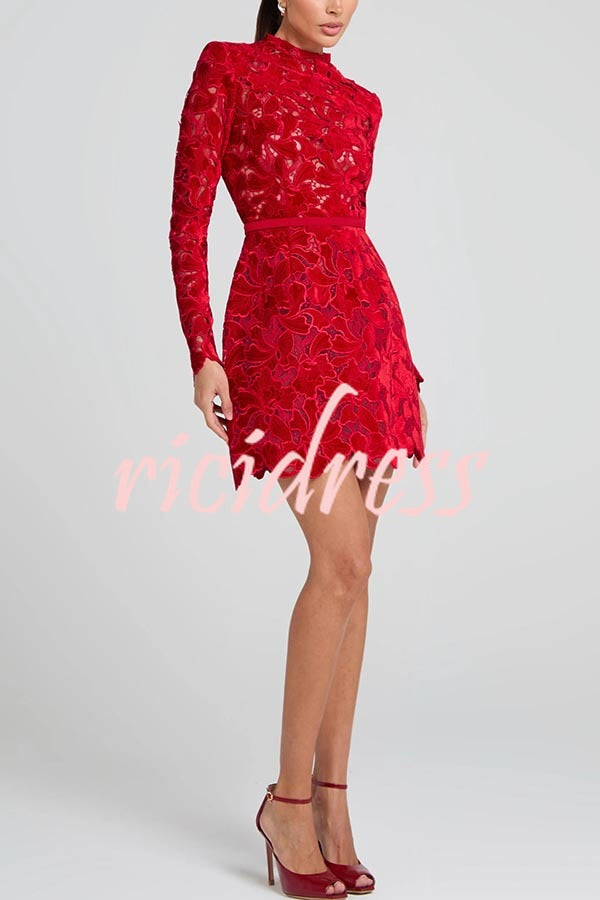 Lydia Embroidered Floral Lace Long Sleeve Belt Tulip Shaped Mini Dress