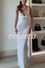 Festival Shines Sequin Beaded Mesh Bow Cutout Detail Slit Maxi Dress