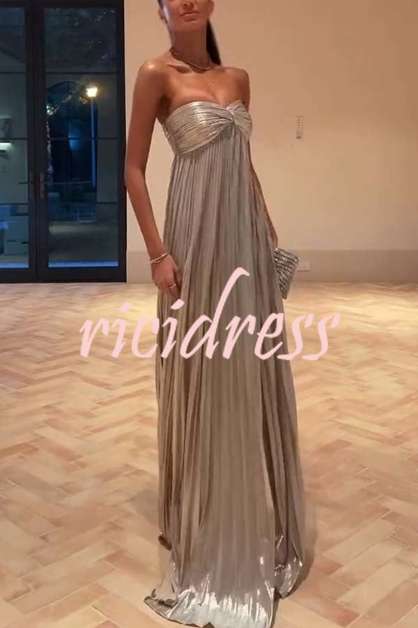 Night Elf Metallic Fabric Pleated Off Shoulder Twist Bust Slit Maxi Dress