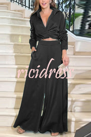 Satin Solid Color Lapel Long Sleeve Blouse and Loose-fitting Pocket Wide Leg Pants Set