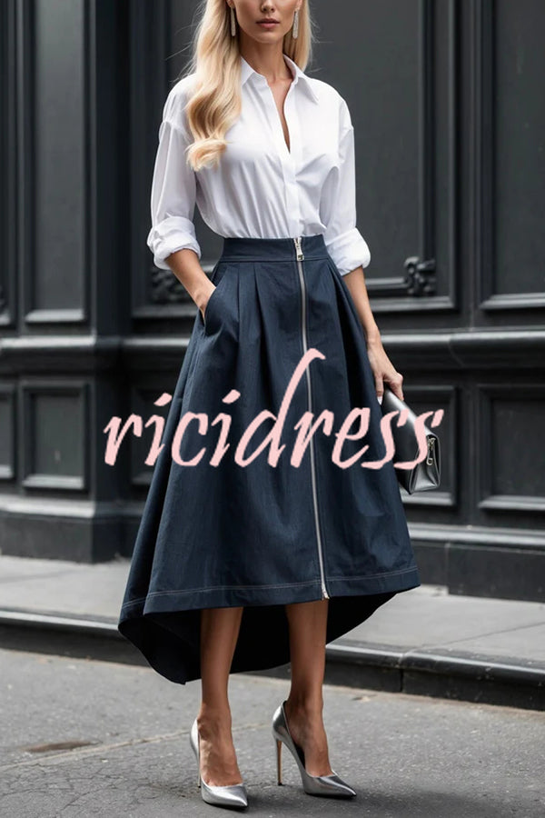 Effortless Charm Front Zipper Detail Pocketed High Low Pleated Midi Skirt