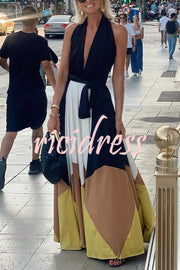 Fashion Colorblock Sexy Backless Tie Waist Full Hem Maxi Dress