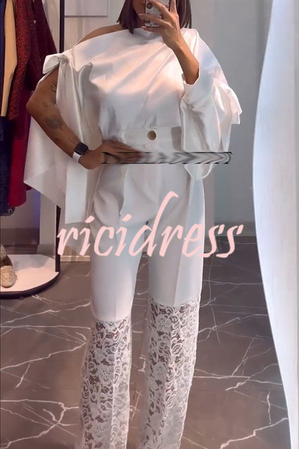 Chic Moment Satin Irregular Knot Slit Sleeve One Shoulder Loose Blouse