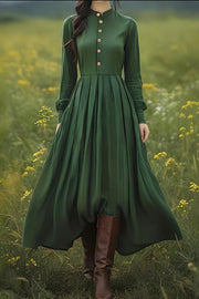Linen Blend Vintage Long-sleeved Button-down Holiday Midi Dress