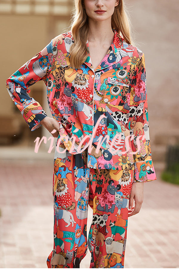 Banquet Cat Print Home Long Sleeved Two-piece Set