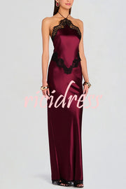 Everly Contrast Color Satin Lace Trim Halter Back Lace-up Flare Maxi Dress