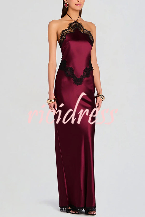 Everly Contrast Color Satin Lace Trim Halter Back Lace-up Flare Maxi Dress