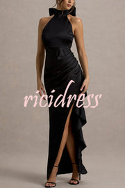 Maureen Satin High Neck Ruched Ruffle Slit Draped Maxi Dress