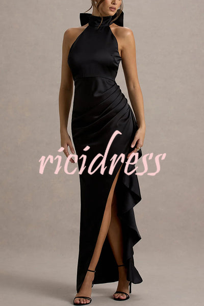 Maureen Satin High Neck Ruched Ruffle Slit Draped Maxi Dress