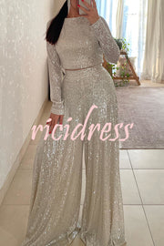 Fashionable Shiny Sequined Long-Sleeved Cropped Top and Casual Wide-Leg Pants Set