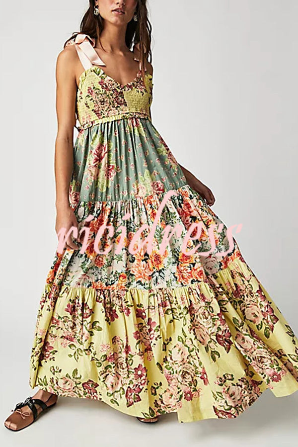 Floral Print Strappy Pleated Paneled Maxi Dress