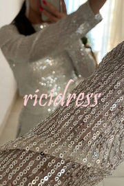 Fashionable Shiny Sequined Long-Sleeved Cropped Top and Casual Wide-Leg Pants Set