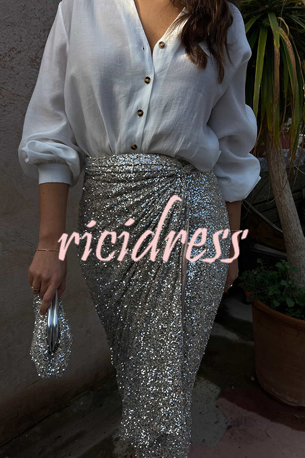 Disco Dancing Queen Sequin Wrap Tie-up Slit Midi Skirt