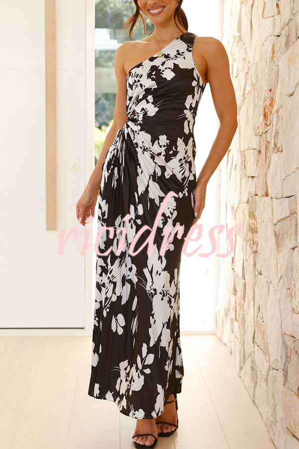 Laken Floral Print One Shoulder Adjustable Tie Cutout Pleated Maxi Dress